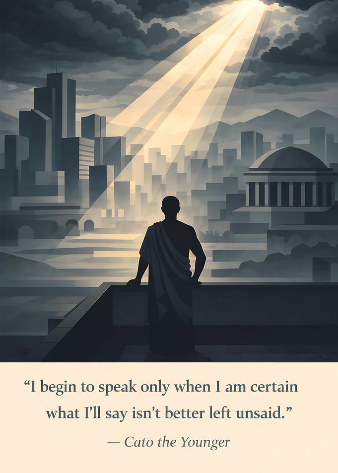 Man in Toga Gazes at Cityscape