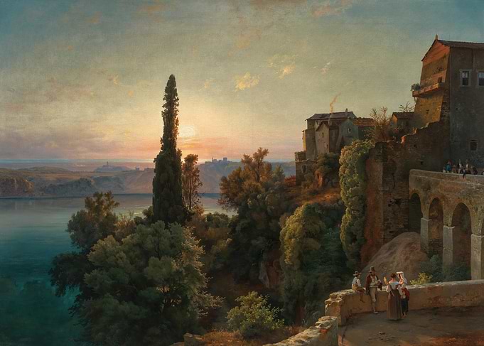 Sunset over Italian Landscape with Village
