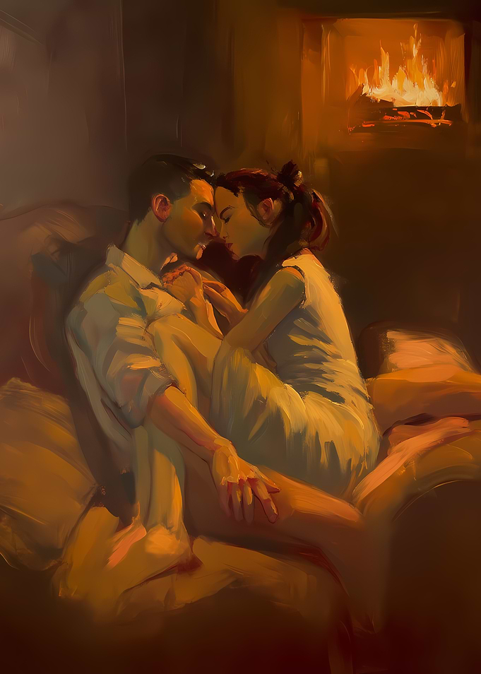 Couple by Fireplace