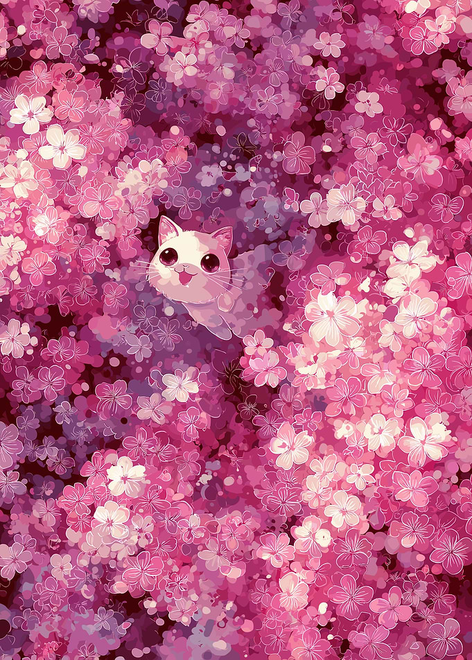 Cute Cat Among Pink Cherry Blossoms