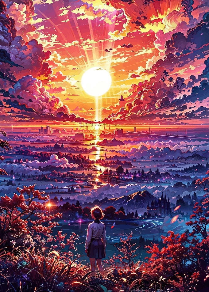 Girl Gazing at a Vibrant Sunset Over a City
