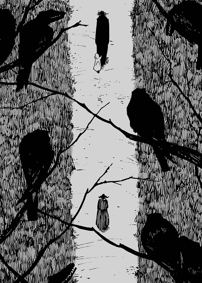 Two figures on a path with crows