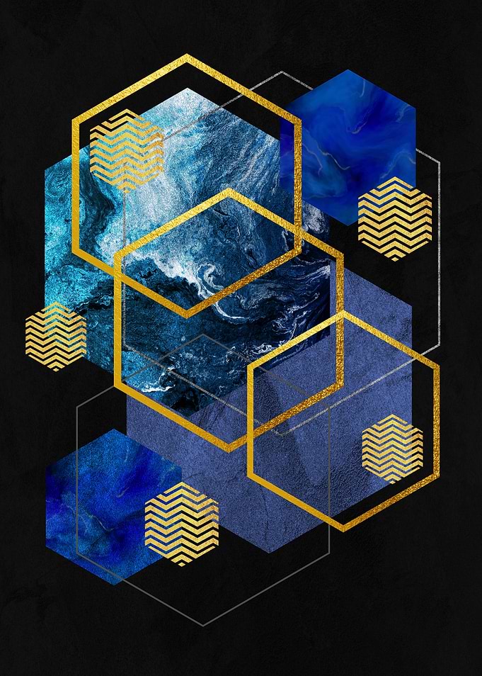 Abstract Geometric Hexagons with Blue Marble