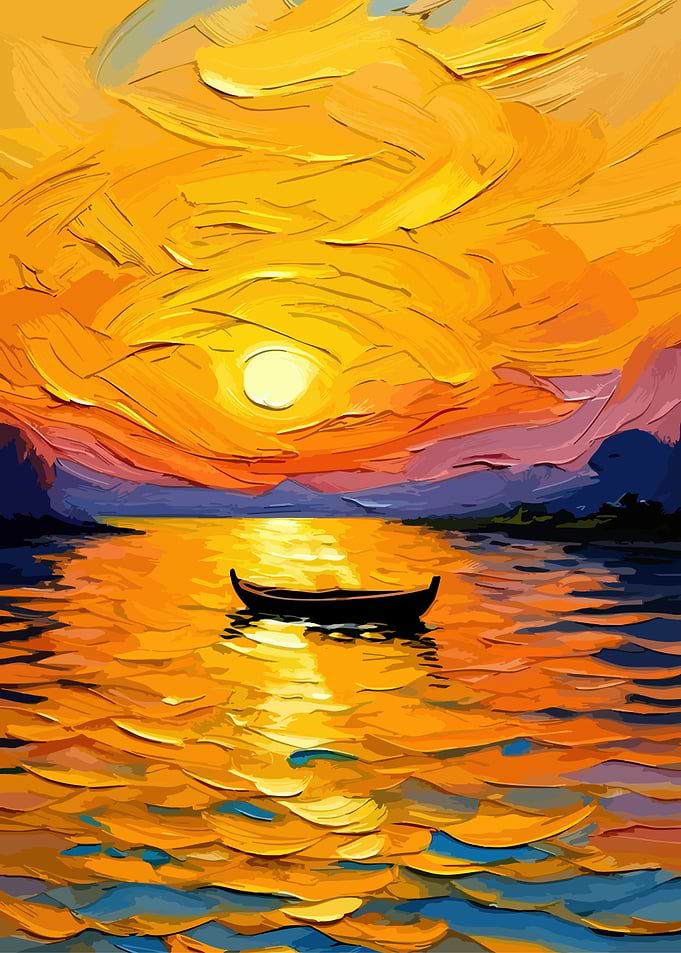 Sunset over water with a boat