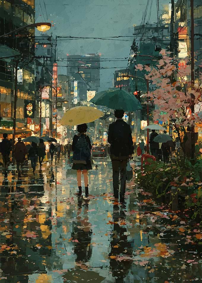 Couple walking in rainy city street