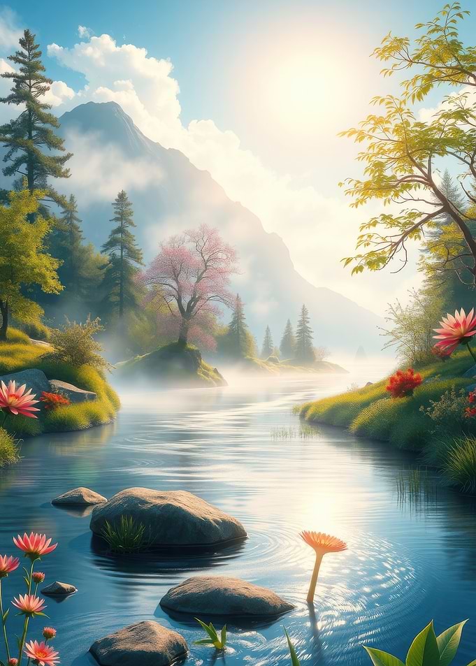 Misty Mountain River Landscape