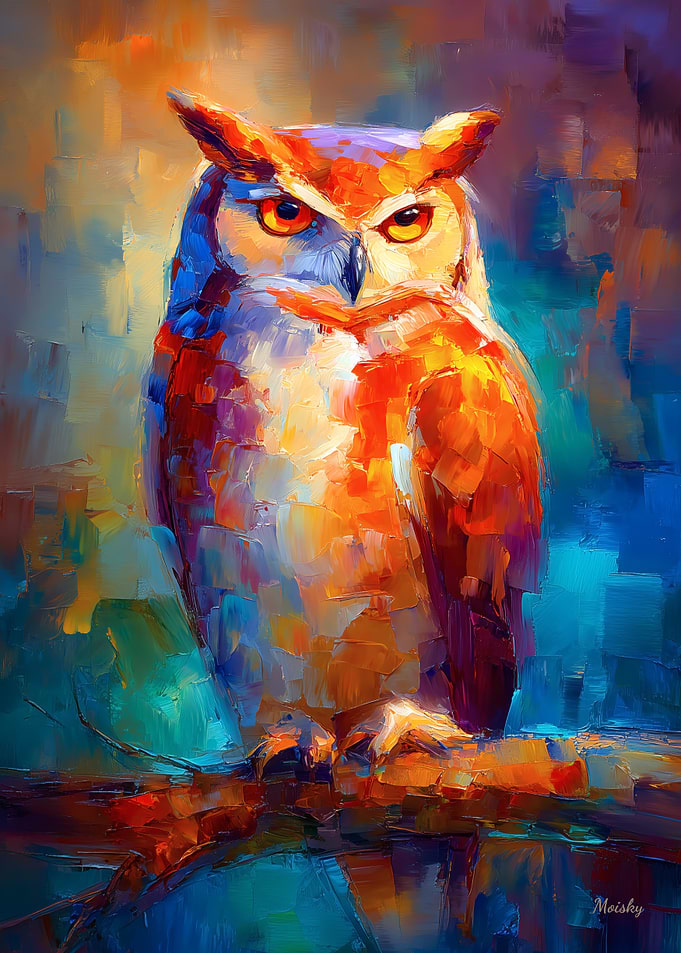 Colorful Impressionist Owl Painting Wildlife Wall Art