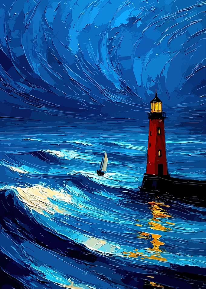 Lighthouse and Sailboat in Stormy Seas