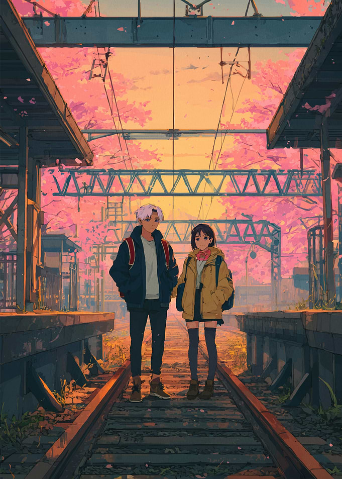Couple at Train Station with Cherry Blossoms