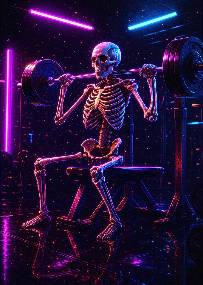 Meme Absurd Skeleton lifting weights in neon gym