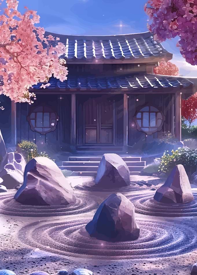 Serene Japanese Garden with Cherry Blossoms
