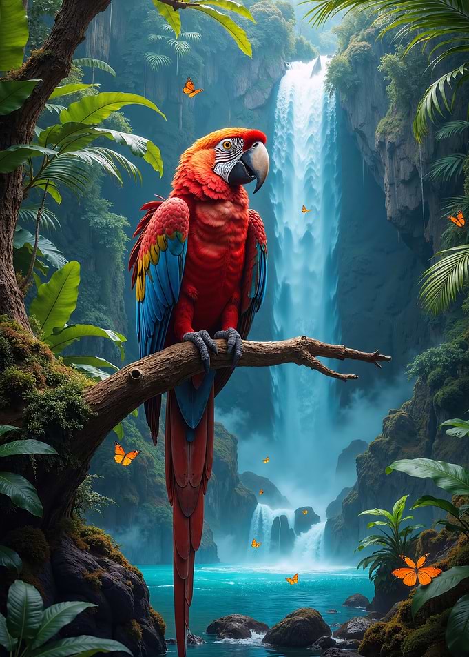 Scarlet Macaw by Waterfall