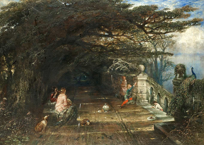 People and Dogs in a Garden Archway