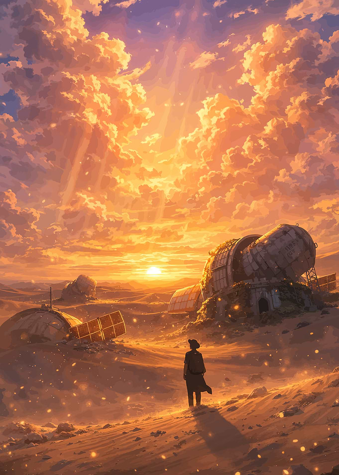 Post-apocalyptic desert sunset with ruins