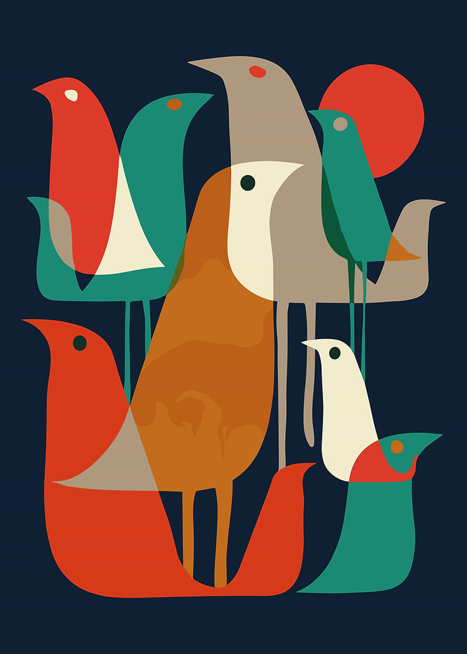 Mid Century Birds Poster, Retro Flock Wall Art, Abstract Scandinavian Style Print