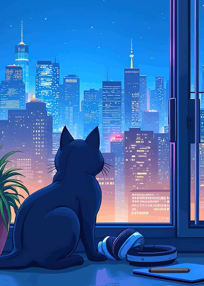 Black cat overlooking city skyline at night