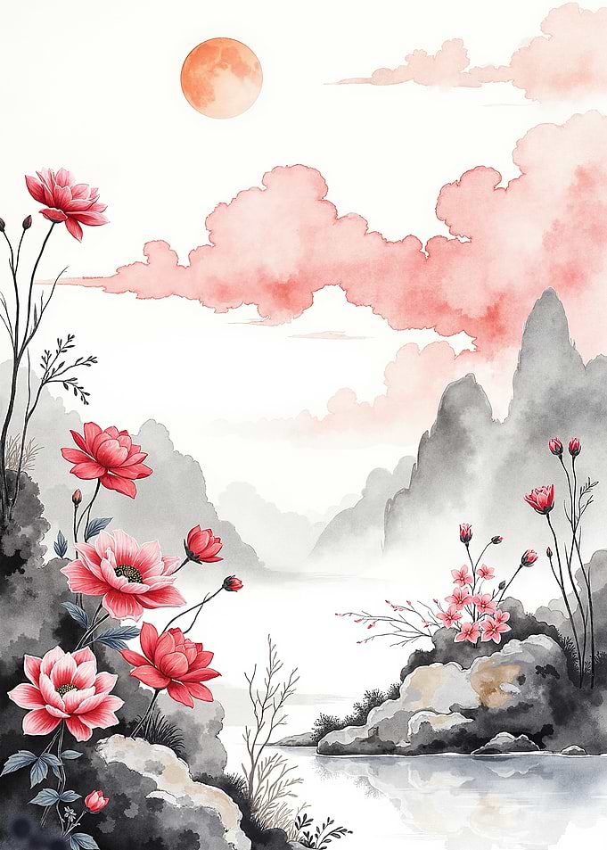 Watercolor Landscape with Pink Flowers and Mountains