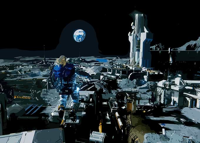 Astronaut on a Lunar Base with Earth View