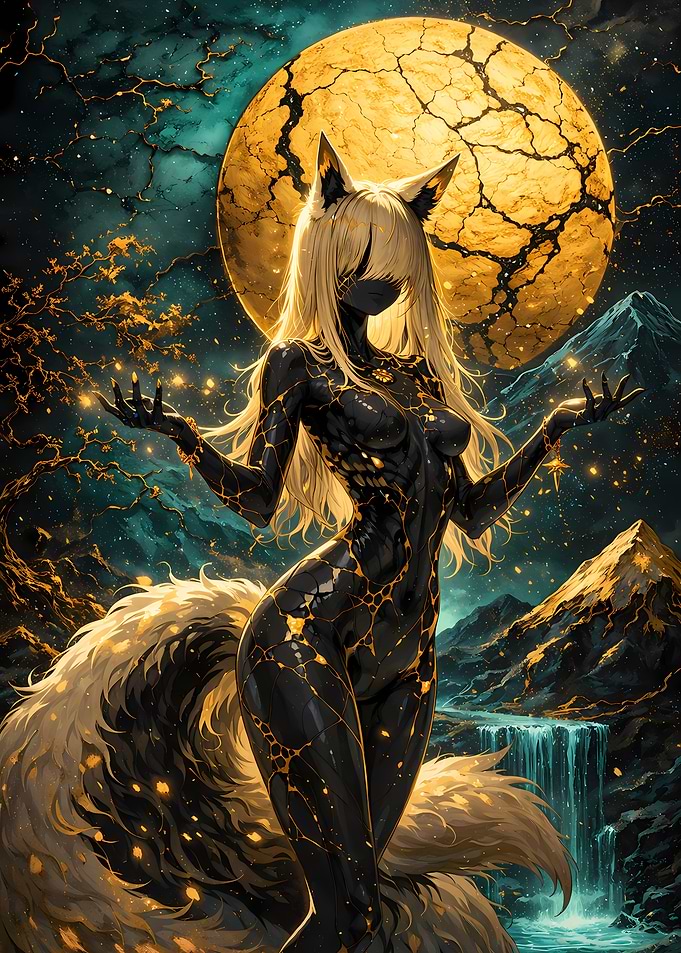 Fantasy Fox Woman Under a Golden Moon