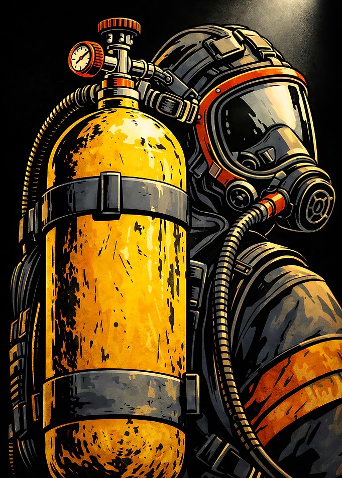 Firefighter Equipment Gear Mask Comic Art First Responder Fire Station Hero Poster