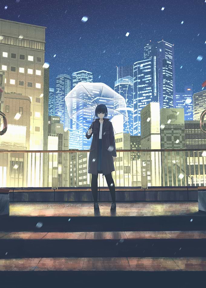 Girl with Umbrella in Snowy City