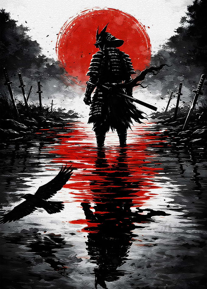 Samurai Warrior in Red Sun Reflection