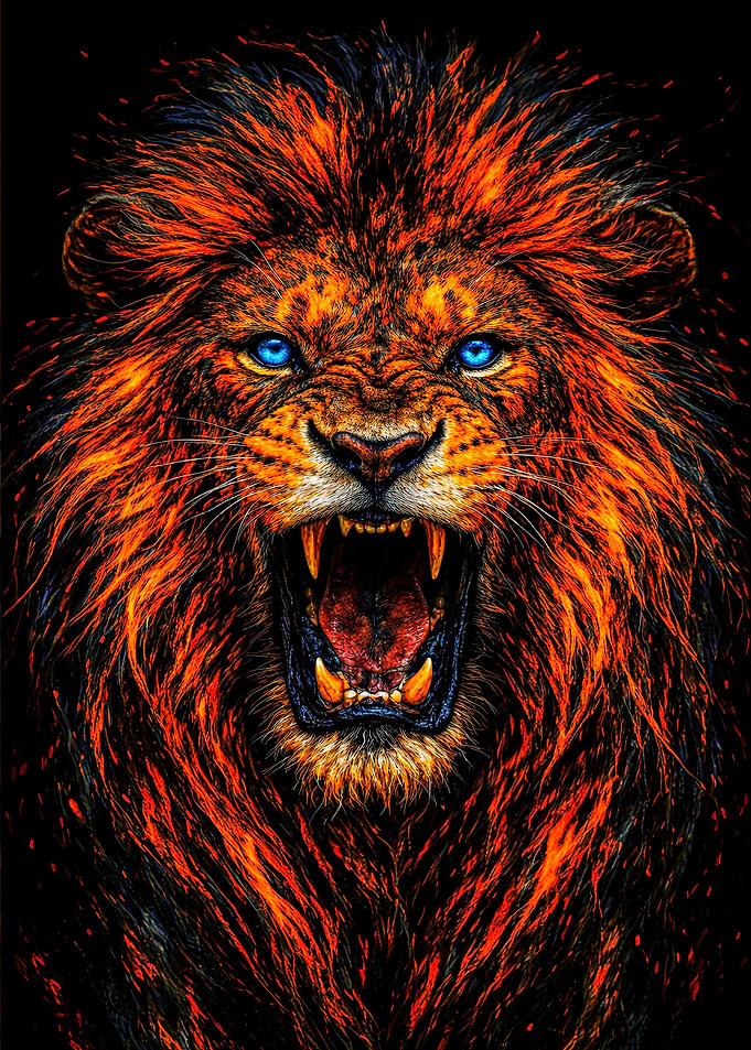 Roaring Lion with Fiery Mane