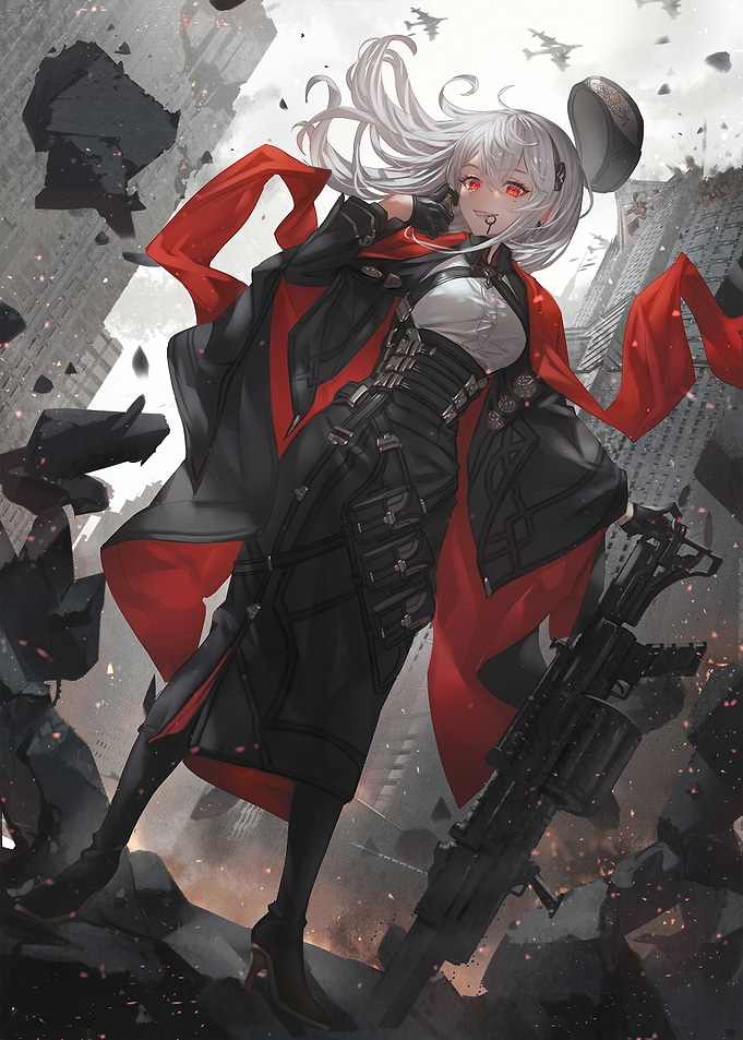 Anime Girl with Machine Gun in Ruined City