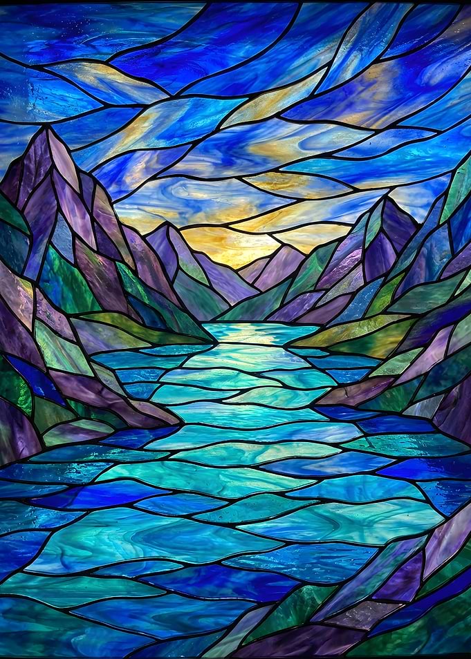 Stained Glass Mountain Lake Landscape