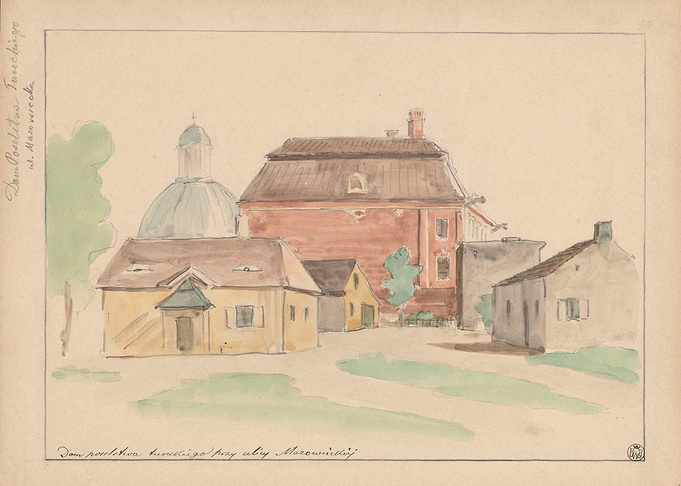 Watercolor painting of old buildings