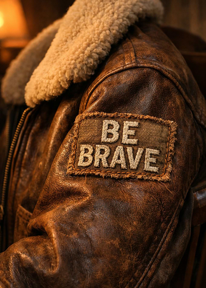 Brown Leather Jacket with 'BE BRAVE' Patch