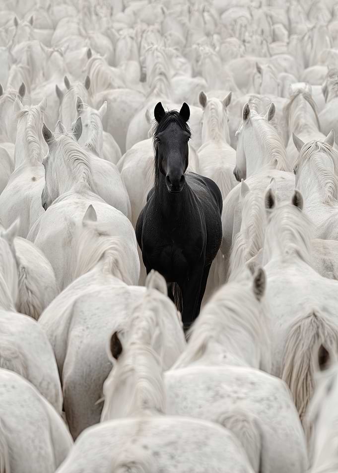 Black horse among white horses