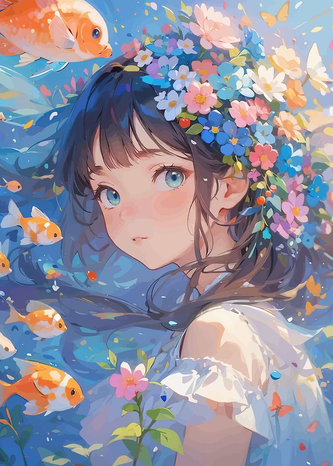 Anime Girl with Flower Crown and Koi Fish