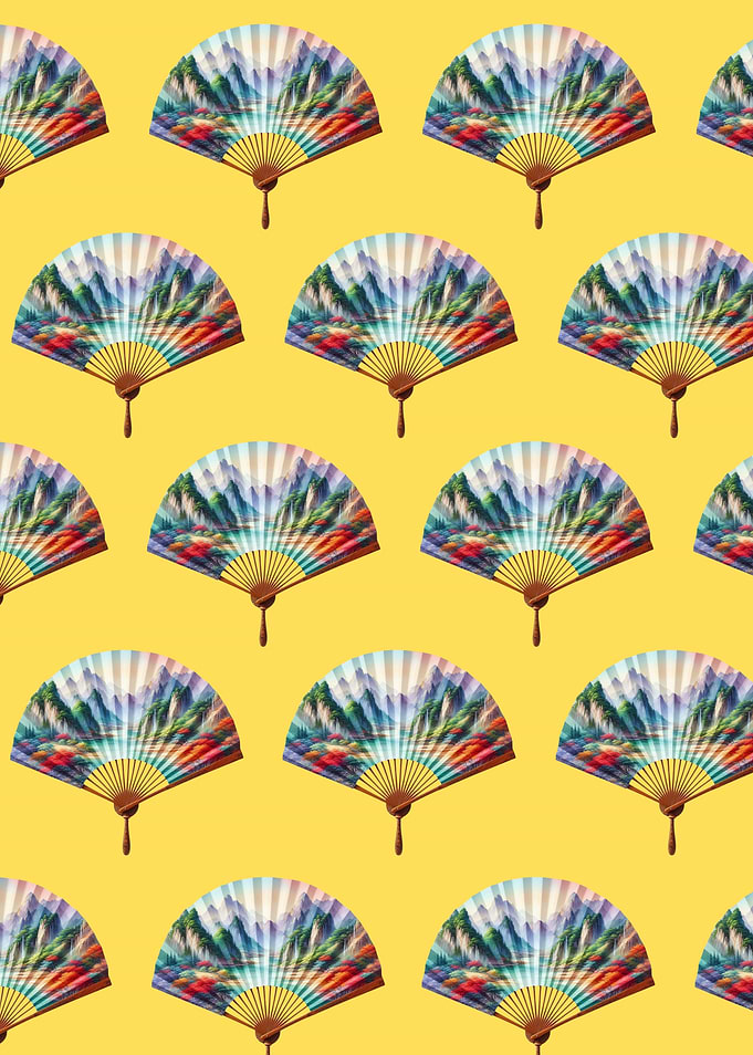 Pattern of Japanese Fans with Landscape Art