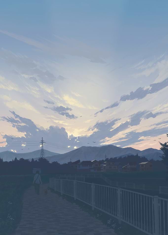 Person walking dog at sunset