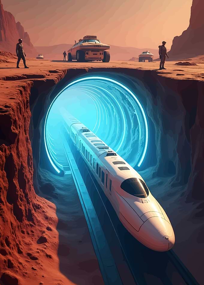 Futuristic Train in Martian Tunnel
