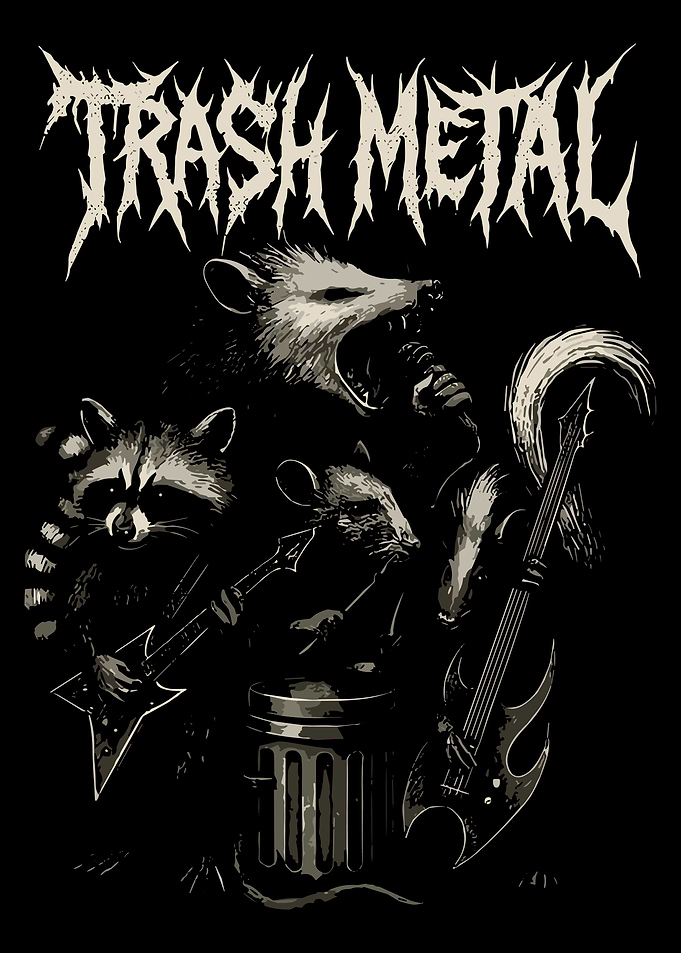 Trash Metal Poster, Funny Raccoon Possum Band Art, Dark Punk Animal Wall Print