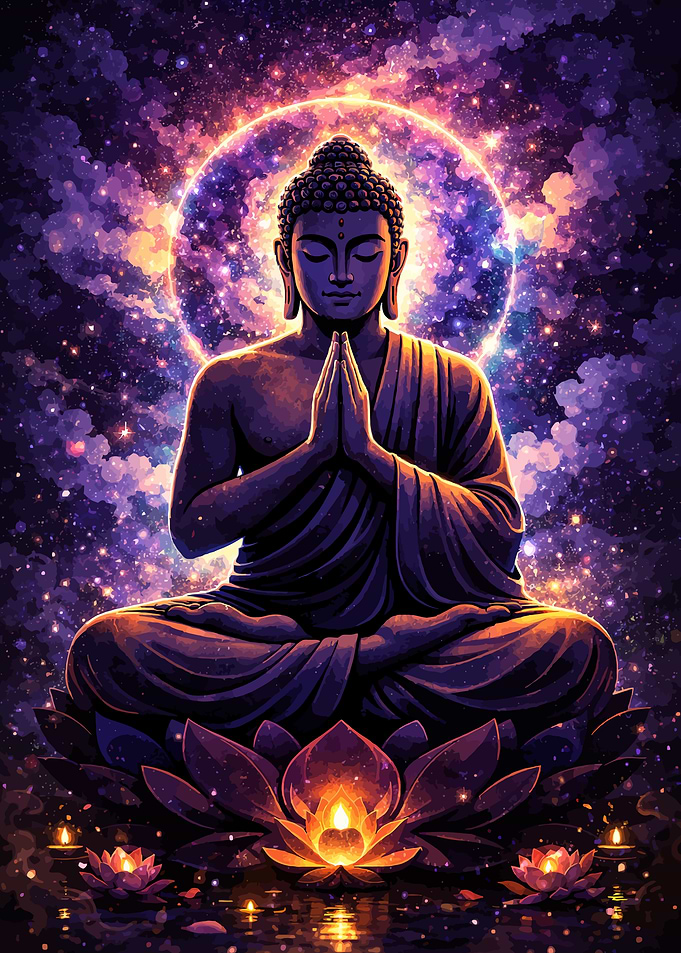 Buddha Meditating Amidst Cosmic Lotus