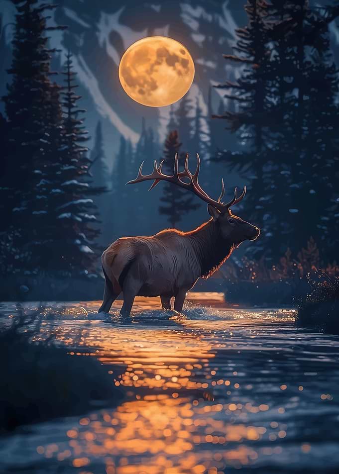 Elk in Moonlit River