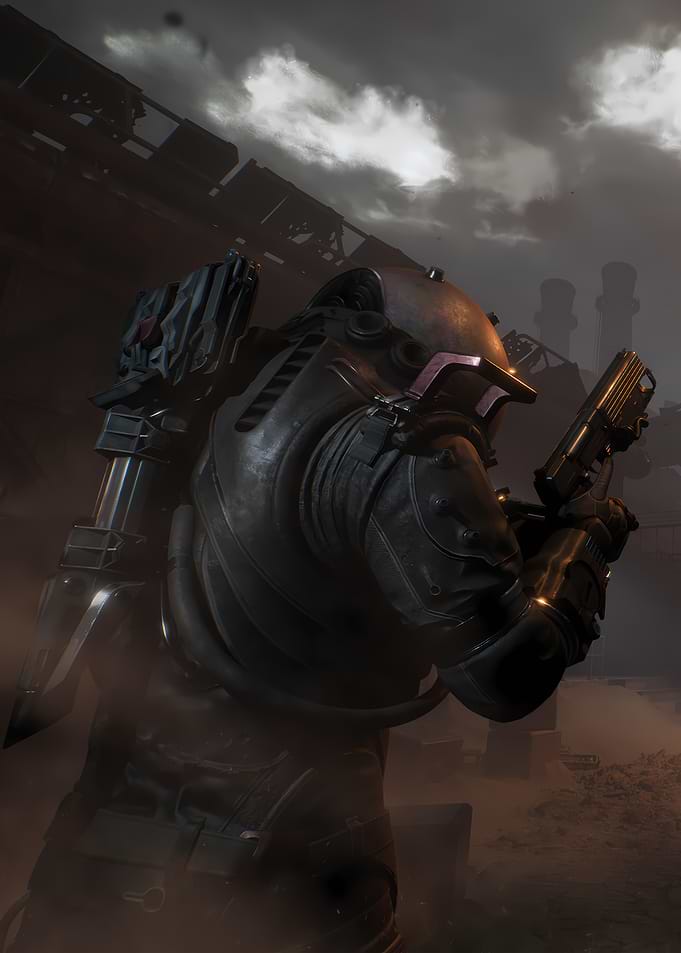 Sci-fi soldier with gun and sword