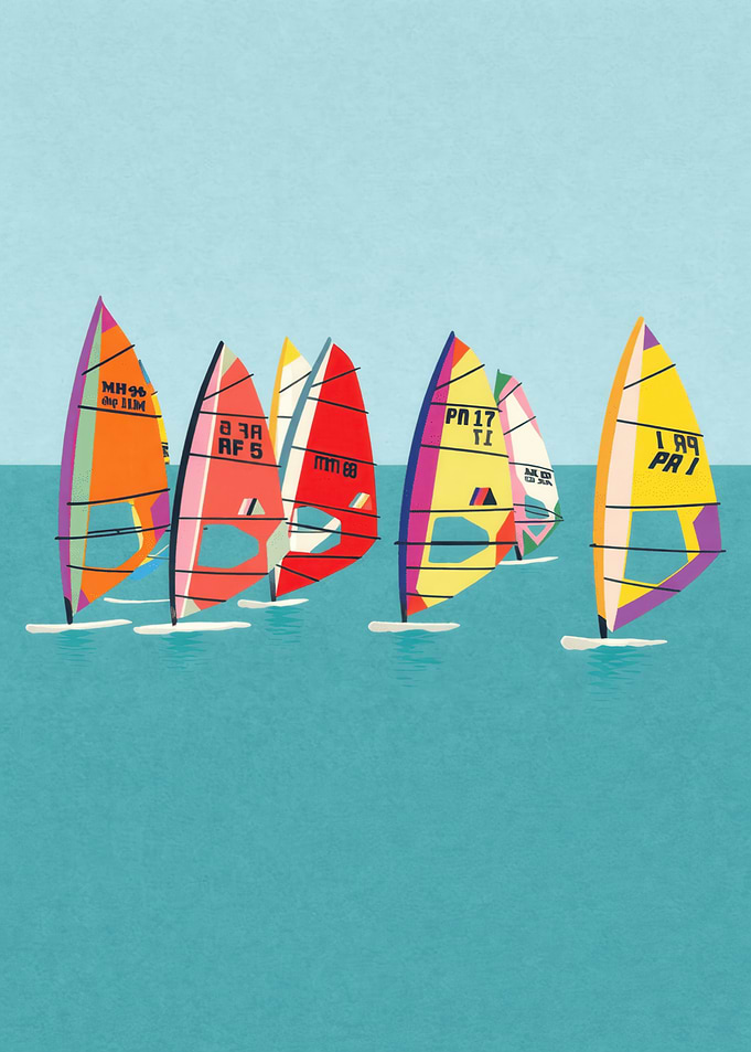 Windsurfers racing on a bright day