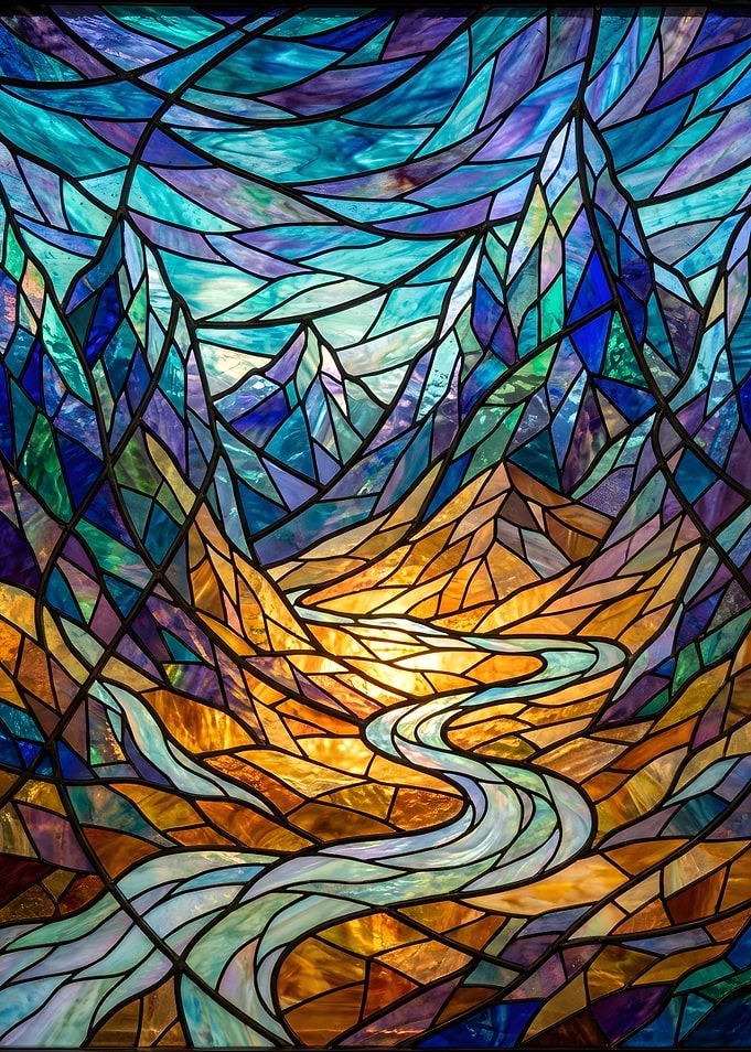 Stained Glass Mountain Landscape