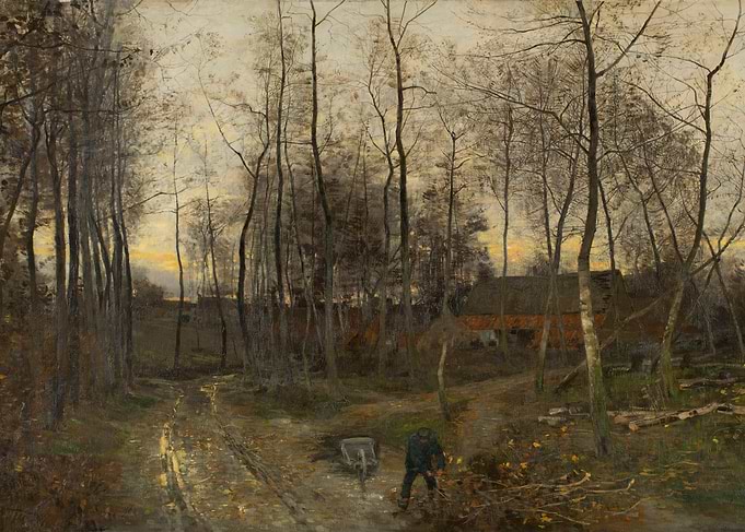 Woodsman Working in a Forest at Dusk