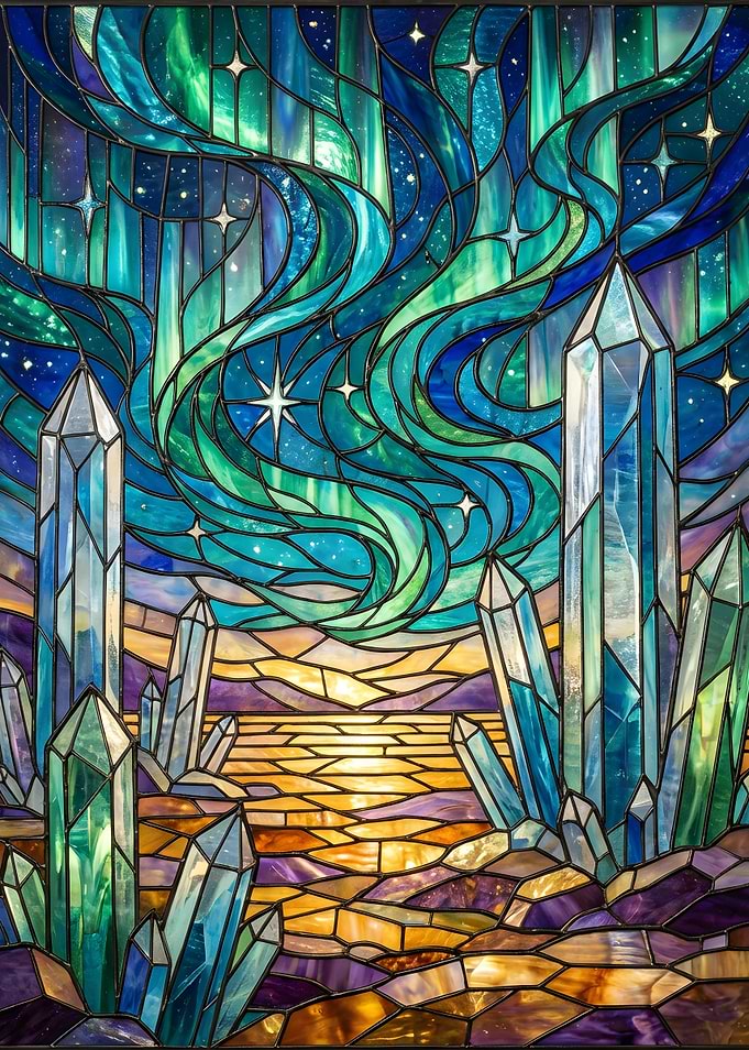Stained Glass Aurora Borealis and Crystals