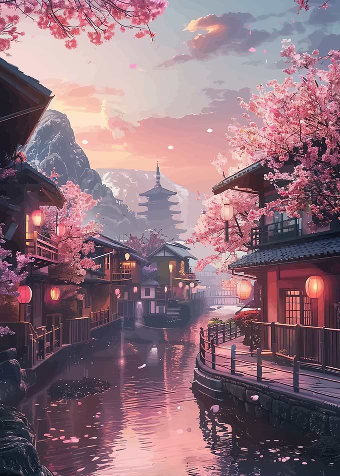 Serene Japanese Canal at Cherry Blossom