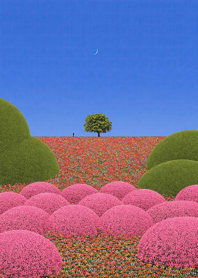 Surreal Floral Landscape with Lone Tree