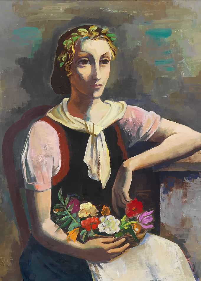 Woman with Flowers in Basket By Karl Hofer