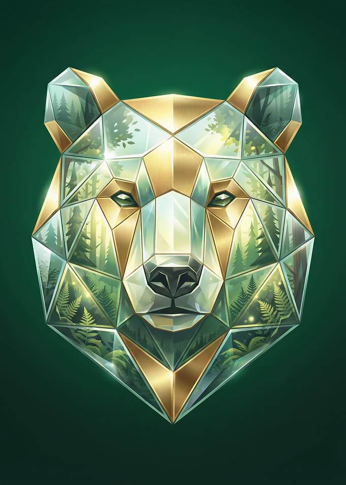 Geometric Bear Head with Forest Scene