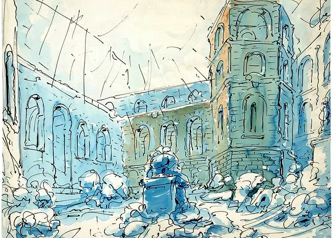 Sketch of Ruined Courtyard with Fountain