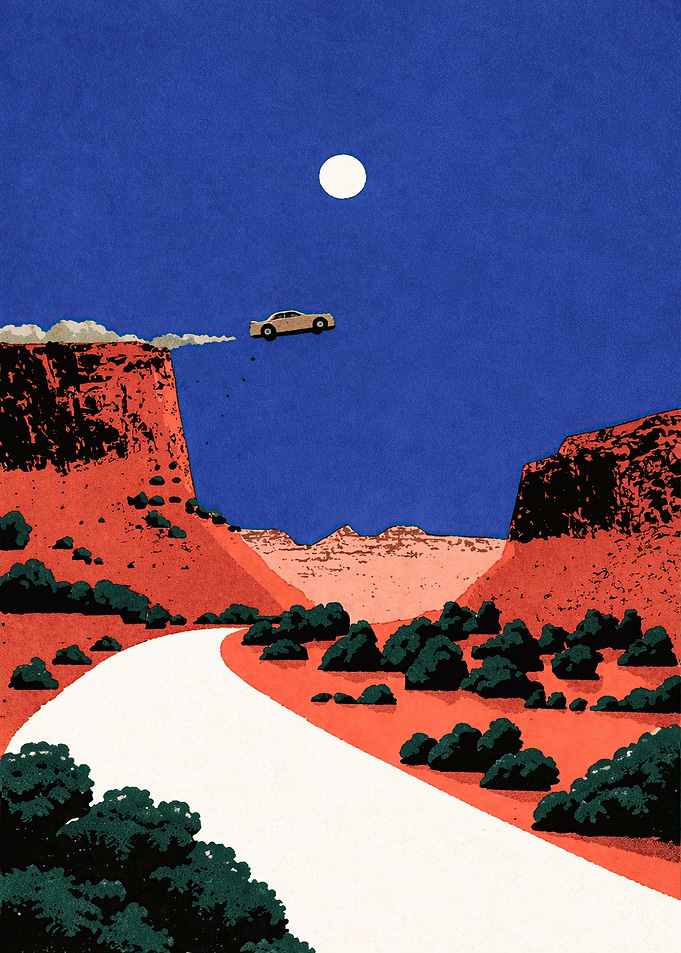 Car jumping off a cliff at night